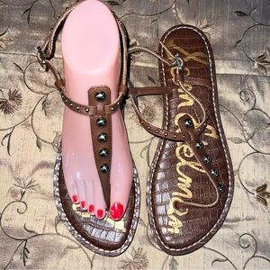 Sam Edelman Gigi Studded Flat Sandals Sz 9 New Brown Leather Gold Thong